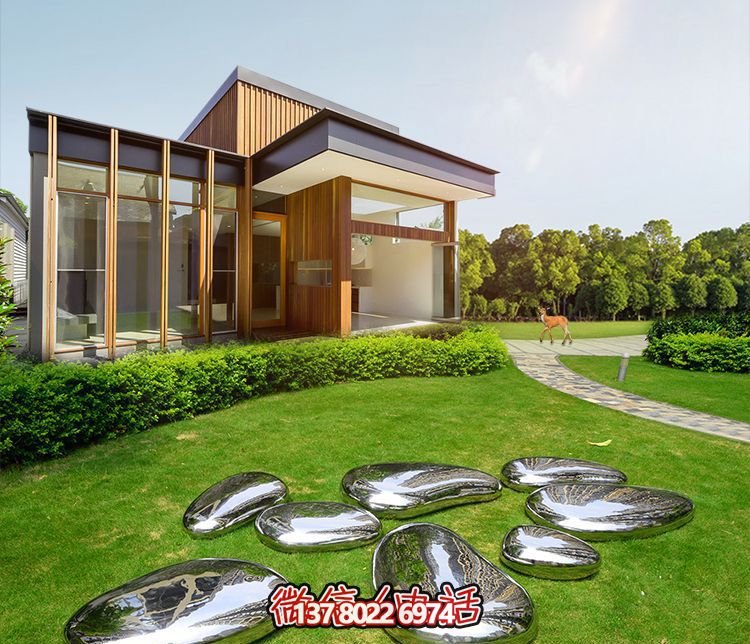 高端室內(nèi)草坪裝飾，不銹鋼雕塑鏡面石頭安放
