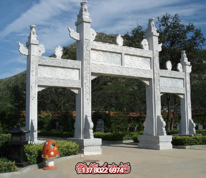 精致園林景觀，漢白玉華表浮雕祥云門樓石牌坊