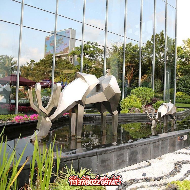 精致雕塑，幾何鏡面不銹鋼鹿，點綴精致水景小品