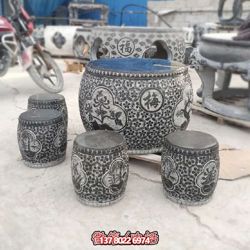 梅蘭菊竹浮雕石桌石凳，休閑庭院圓形裝飾