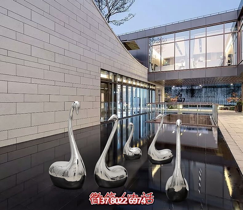 不銹鋼創(chuàng)意天鵝雕塑，鏡面水中裝飾別墅