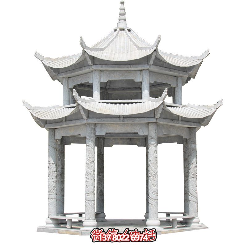 精美大理石雙層柱涼亭，雕塑點(diǎn)綴休息亭