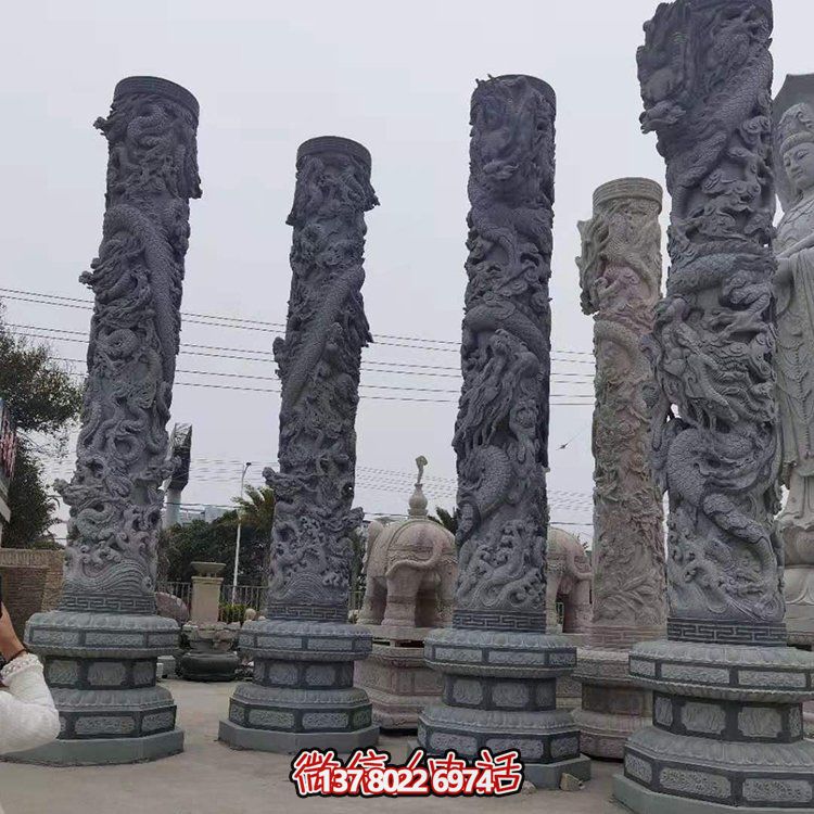 青石浮雕龍柱，精美石雕園林景觀裝飾