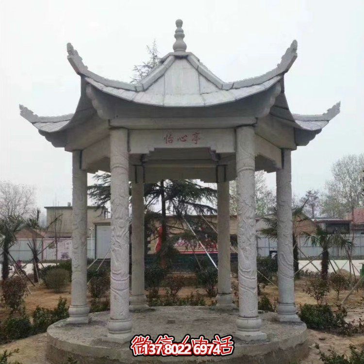 青石仿古石雕涼亭，營造寧靜田園風情