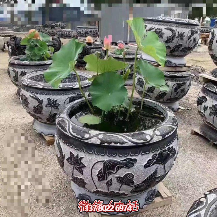 經(jīng)典荷花石雕浮雕圓形水缸，裝點您的庭院