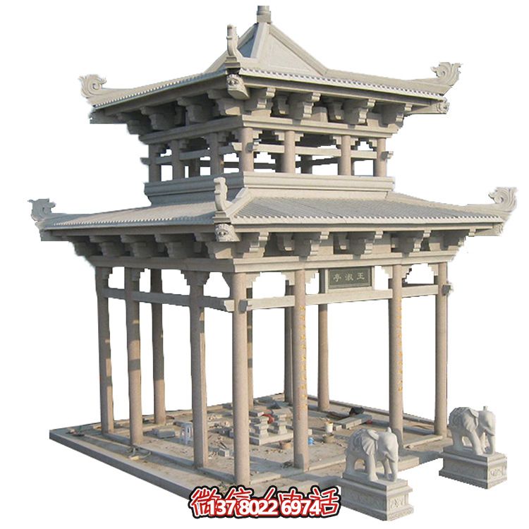 古典多角涼亭建筑大氣，石雕精美，園林景觀完美