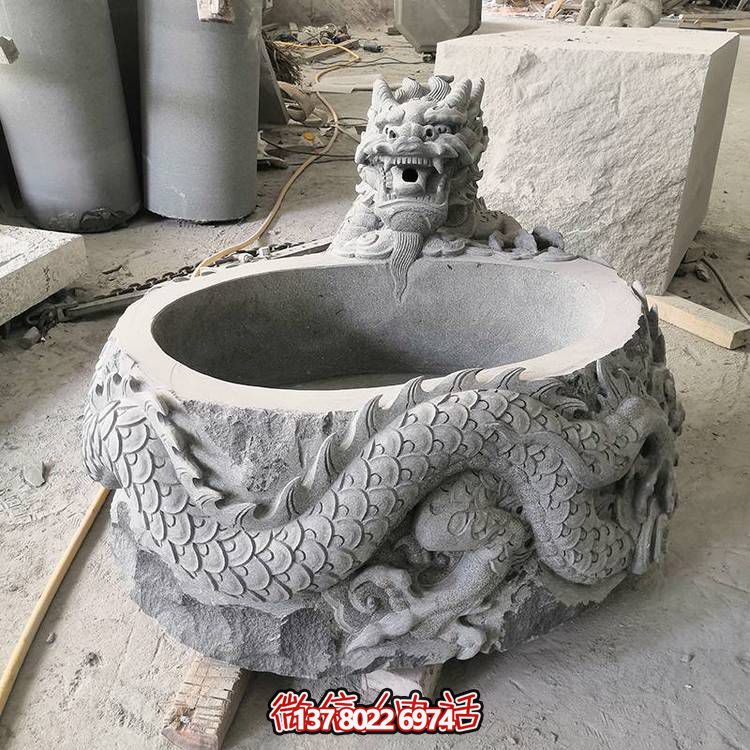 仿古石缸水缸青石龍形浮雕雕塑，為您的庭院增添一抹古樸
