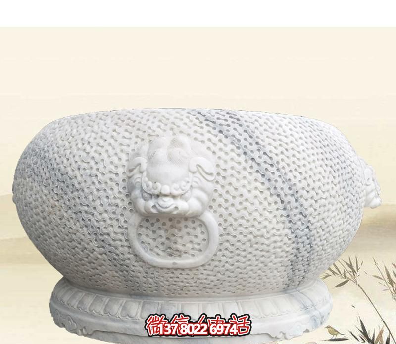 精美狴犴圓形雕塑，點綴庭院水缸浮雕
