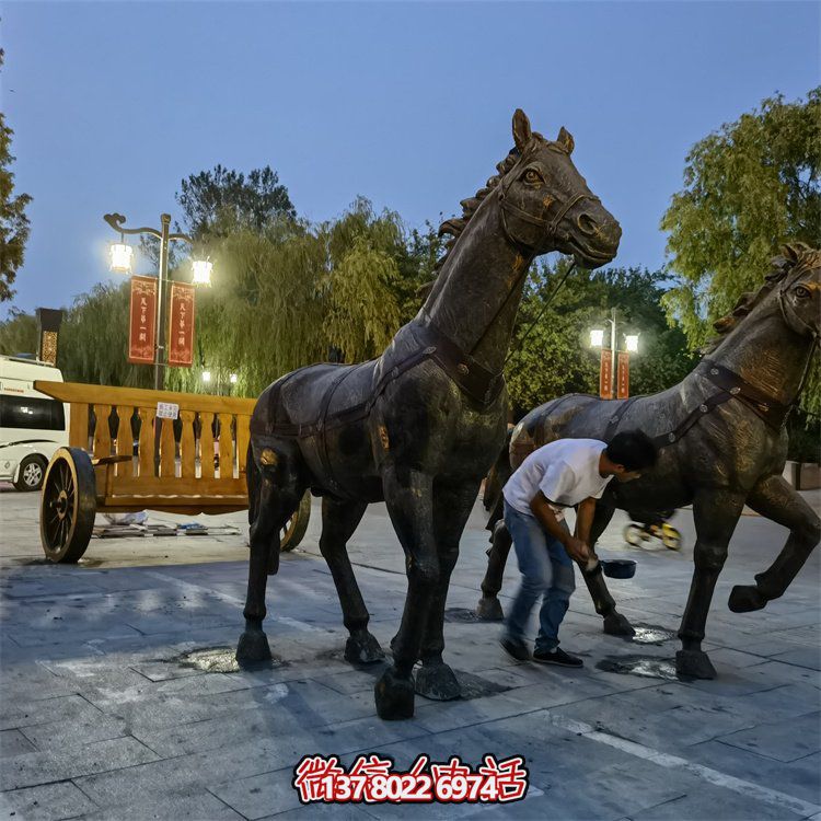 仿古銅中式馬拉車(chē)玻璃鋼景觀雕塑，非凡戶外擺放裝飾