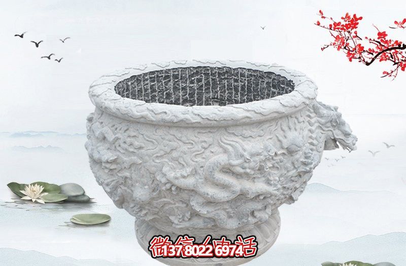 漢白玉石雕龍浮雕水缸雕塑，為庭院增添優(yōu)雅氣息