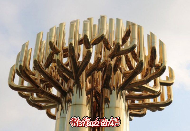 不銹鋼大樹雕塑，金色噴涂