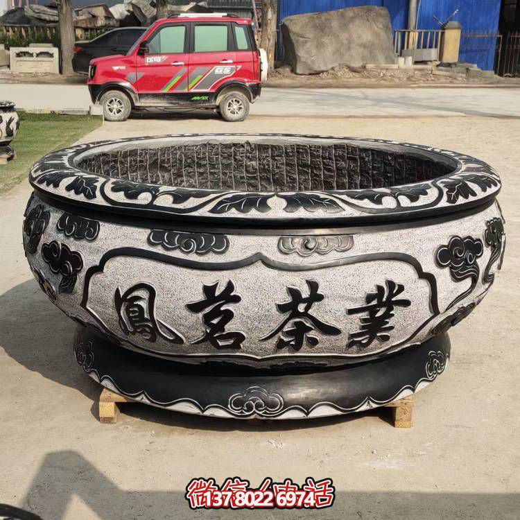 仿古青石荷花水缸，配合庭院戶外，點(diǎn)綴人間養(yǎng)魚園