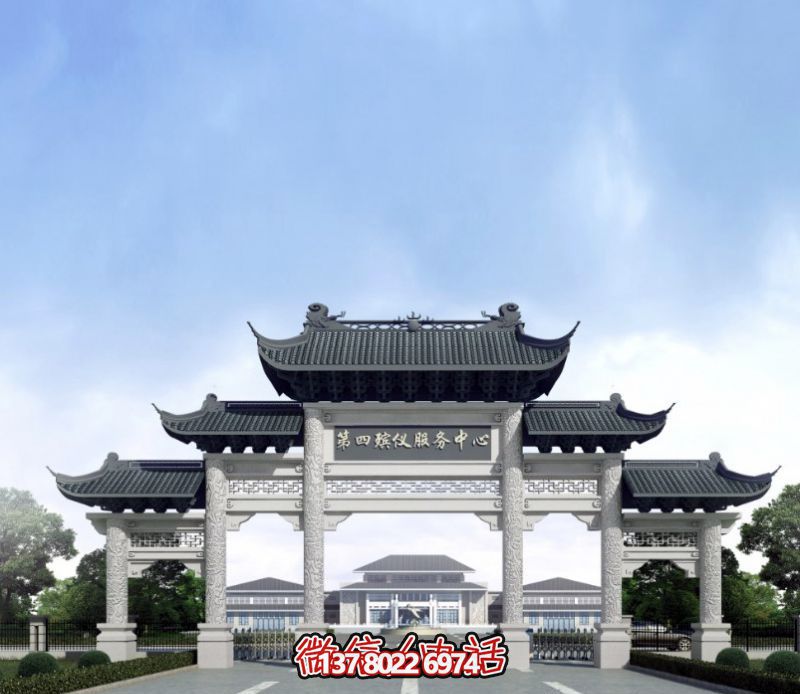 一座新式殯儀館五門景觀、青瓦斗拱、牌樓等高雅裝飾