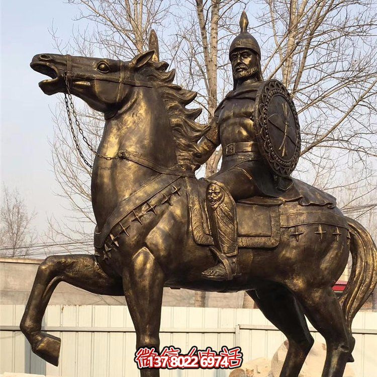 西方古代的騎馬士兵銅雕，手持盾牌騎馬身上的西方戰(zhàn)士
